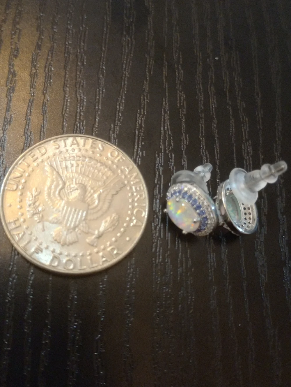 Dainty Opal Halo Iridescent Stud Earrings Iridescent Opal & Blue Clear Accents